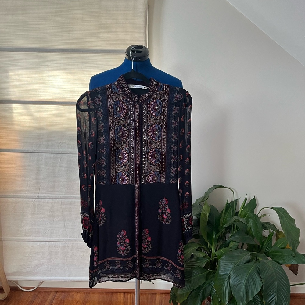 Zara Embroidered Black and Burgundy Women's Dress